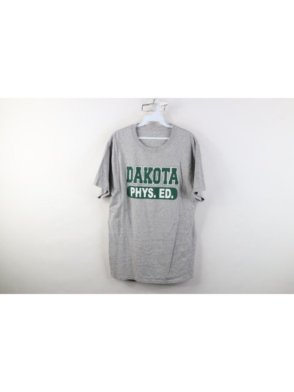 Vtg Mens Medium Spell Out Dakota Phys Ed Gym Short Sleeve T-Shirt Heather Gray